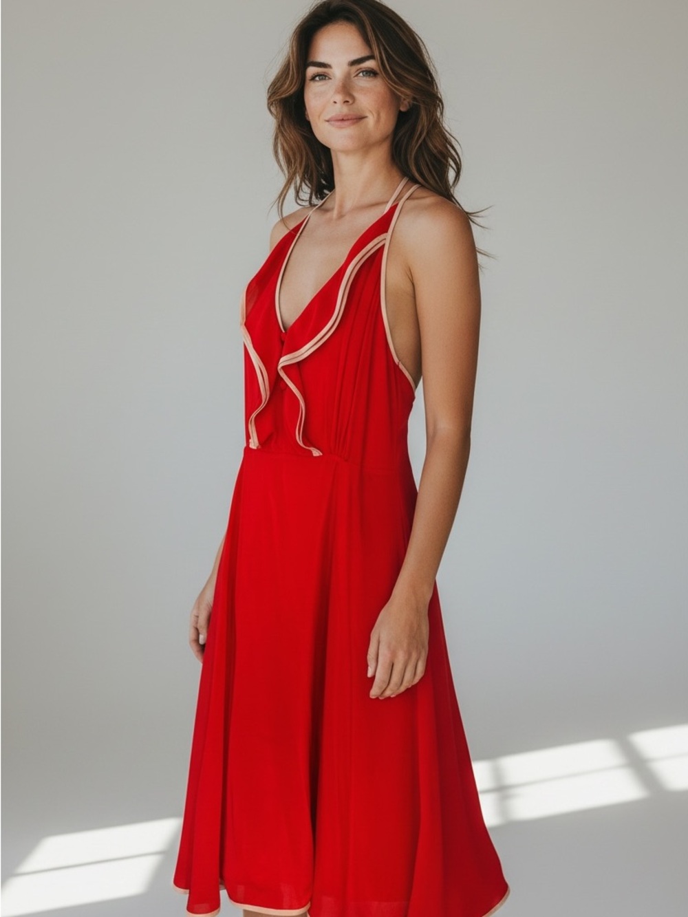 Sleeveless Red Midi Dress with Contrast Ruffle Trim